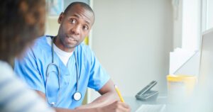 reviewing the patient