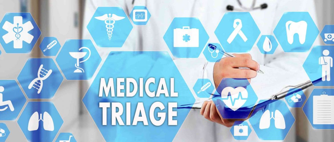 Medical Doctor with stethoscope and MEDICAL TRIAGE sign in Medical network connection on the virtual screen on hospital background.Technology and medicine concept.