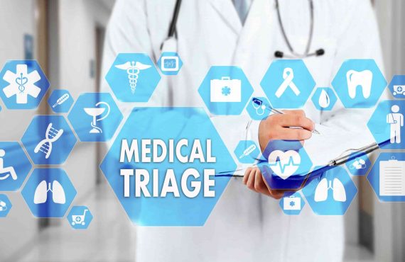 Medical Doctor with stethoscope and MEDICAL TRIAGE sign in Medical network connection on the virtual screen on hospital background.Technology and medicine concept.