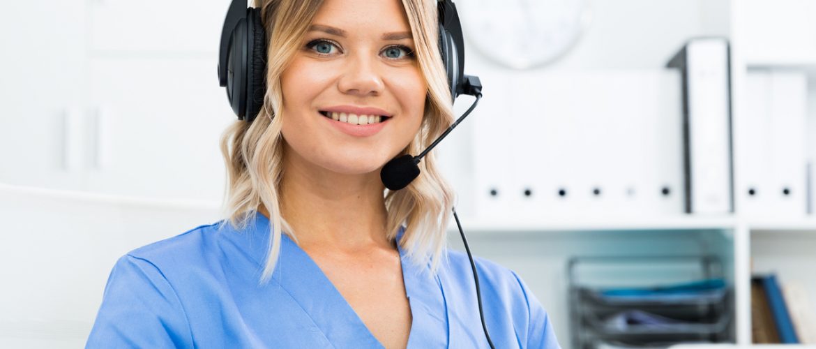 Ready to help specialist medical call center in headphones with microphone