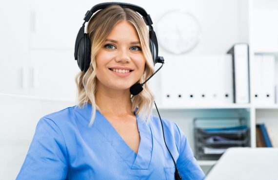 Ready to help specialist medical call center in headphones with microphone