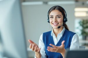 Woman with a headset in an office providing healthcare call outbound services