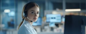 A female call center expert providing physicians answering services