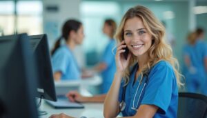 Nurse answers phone call working computer at hospital