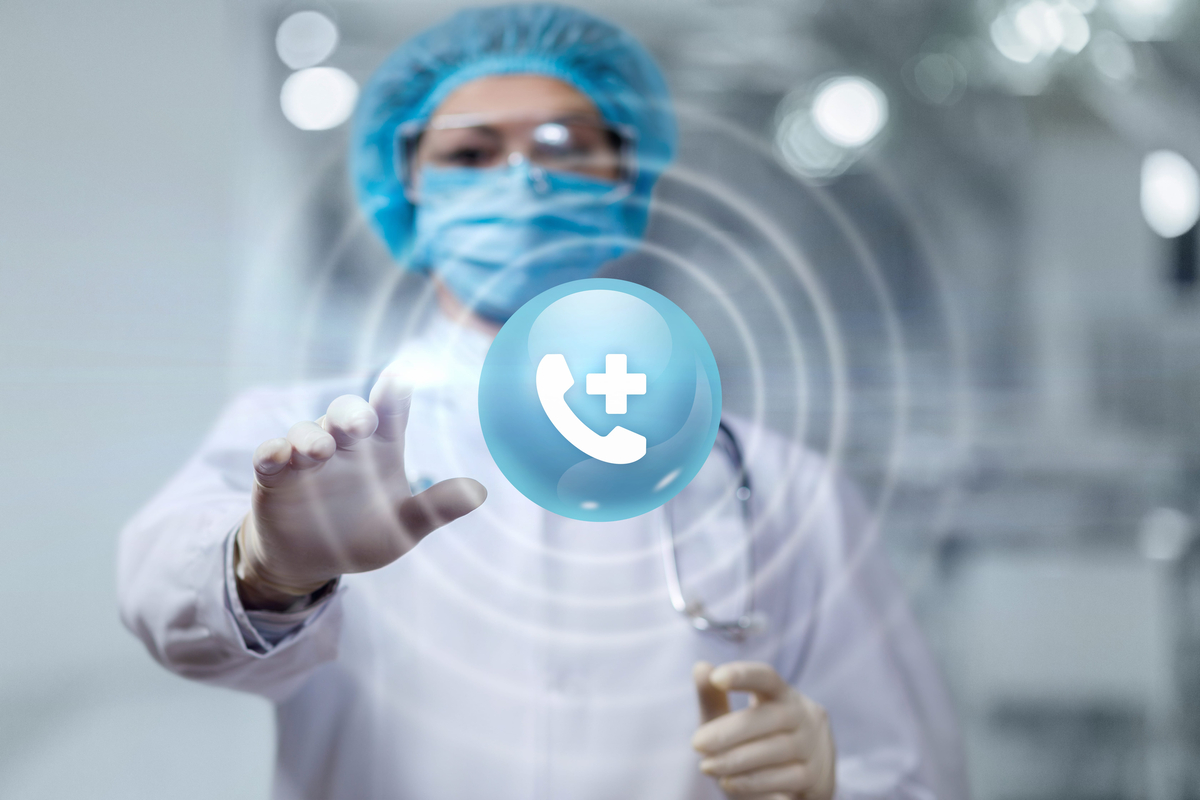 AI Medical Answering - Doctor in protective mask clicks on the call center icon